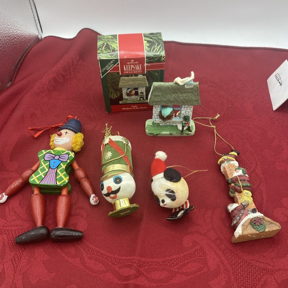 Lot Of 5 vintage christmas ornaments Clown, Drummer Boy, Santa Hallmark